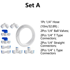 tooloflife 9Pcs 1/4" inch Quick Connect Water Purifiers Tube Fittings Set, Straight Connector for Water Pipe (Ball Valve+L Type+T Type+10M Hose)