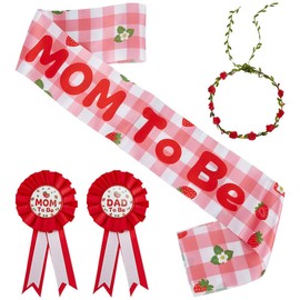 CRAFTYMELODY 6Pcs Set Strawberry Themed Sash Corsage Mom to Be Dad to Be Corsage Pins Set Polyester Ribbons Artificial Garland Headband for Pregnancy Parents Decor Supplies Party Decorations