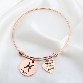 bobauna Rose Gold 12 Zodiac Signs Stainless Steel Expandable Wire Bangle Bracelet Birthday Gift for Her (Pisces)