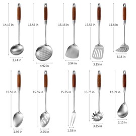 Stainless Steel Kitchen Utensils Set with Wood Handle, 18/10 Metal Cooking Utensils Set, 10-Piece - Spatula, Spoon, Ladle, Skimmer, Slotted Turners, Pasta Server, Fork, Masher(Dishwasher Safe)