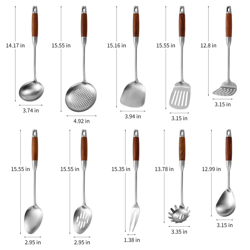 Stainless Steel Kitchen Utensils Set with Wood Handle, 18/10 Metal