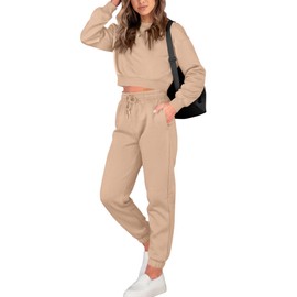 BTFBM Women 2 Piece Outfits Long Sleeve Crop Top Pullover Drawstring Pant Jogger Set Casual Sweatsuits Tracksuit Pockets(Khaki, Small)