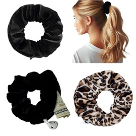 Secret Diversions Safe Scrunchie with Zipper Pocket - Hidden Compartment Pocket Hair Tie for Valuables,3 Pack Velvet Stash Scrunchie Disguise container for Cash, Keys, Travel Pill Box and Everyday Use