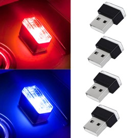 4 PCS USB LED Car Interior Atmosphere Lamp, Portable Mini Auto LED Decor Night Light, Plug-in USB Interface Ambient Lighting Kit, Universal Car Interior Accessories (Red+Blue)