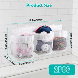 YOUNTHYE 2 Pack Bath Toy Storage Net, 3 Compartment Bath Toy Organiser 60cm Mesh Bathroom Toy Storage Bag, Quick Access & Dry Bath Toy Net with 10 Suction Hooks