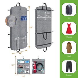 KEEGH 54" Heavy Duty Garment Bags for Travel Tri-fold Suit Bags for Men Waterproof Garment Bag for Hanging Clothes for Dance Costumes, Theater, Ski, Long Hike with 4 Big Pockets, Grey