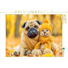 CALVENDO Puzzle Pug and Stuffed Animal Buddy in Fall. | 1000 Pieces Size 25" x 19"