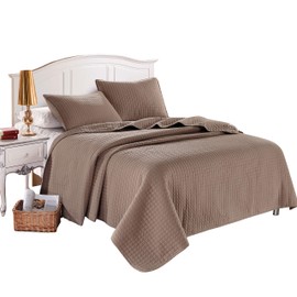 Queen Taupe Solid Color Box Stitch Quilted Bedspread Coverlet 90 by 102 inches plus 2 Standard Shams 20 by 26 inch Hypoallergenic Reversible Bed Cover for Homes,Hotels,Motels, Rentals 5.11 lbs