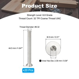 PATIKIL #8-32 x 1-3/4 Inch Flat Head Socket Cap Screws, 20 Pack 304 Stainless Steel Flat Countersunk Bolts Hex Socket Drive Machine Screws Full Thread Coarse Thread UNC Grade 6.8