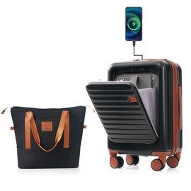 Merax Luggage with Cup Holder and USB Port with Cosmetic Carry On Bag, Black, 2-Piece Set