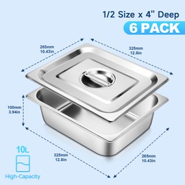 Hotel Pan With Lids 6 Pack 1/2 Size 4" Deep Stainless Steel Steam Table Pan, Commercial Food Pans for Catering Buffet Chafing Dish Pans Metal Steam Tray (1/2 Half Size x 4 Inch Deep, 6 Pack)