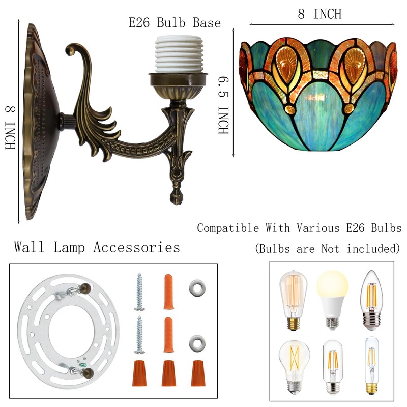 HWDFEI Tiffany Sconce Lamp Stained Glass Wall Lamp,8X10.5X11 Inch Plug