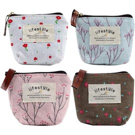 4Pcs Colour Coin Purse, Mini Canvas Change Pouch With Flower Pattern, Portable Holder for Girls With Zipper for Cash, Keys, Coin, Credit Card, ID Card Wallets and Money Accessories