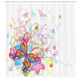 Ambesonne Mariposa Cortina de Baño, Floral Hojas de Los Elementos, Paño Conjunto de Decoración de Baño de Tela y Ganchos, 84" Extra Alta, Multicolor