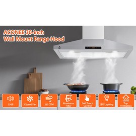 GarveeTech 30 Inch Curved Glass Range Hood With Ducted/Ductless Convertible,265 Cfm Wall Mducted/Ductless Range Hood Steel With Touch Control 3 Speed Exhaust Fan, Adjustable Chimney & Led Light