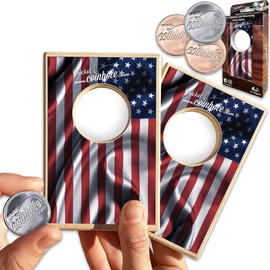 Coinhole Desktop Game Coin Bouncing Party Game Set | Tabletop Cornhole Board Game | Small Cornhole Travel Game Includes Coins (Pocket Size American Flag)