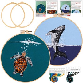 Ohcol 2 Set Funny Embroidery Kit for Beginner Starter Adults Kids with Easy-to-Follow Instructions,Animal Sea Turtle Orca Whale Embroidery Supplies Needlepoint Kits Hand Crafts,2 Hoops,Threads,Needles