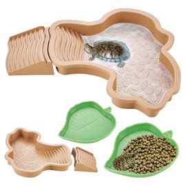 yokugo Reptile Bathing Pool Turtle Water Bowl with Ramp, Tortoise Water Pool Basking Platform, 2PCS Leaf Reptile Feeding Dish for Tortoise Lizard Gecko Frog Amphibians, Brownish