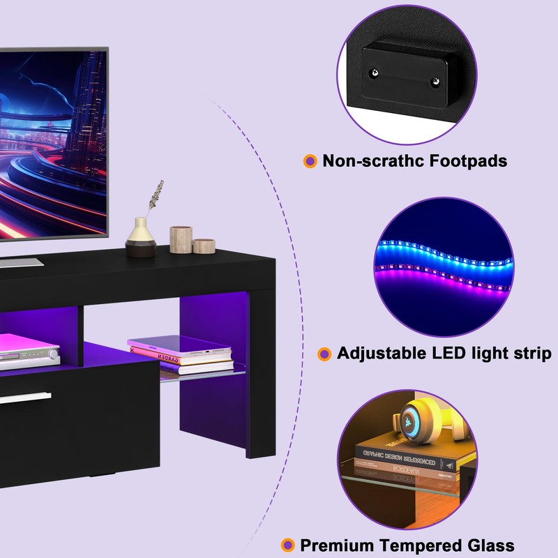Clikuutory Black LED TV Stand with Large Storage Drawer for
