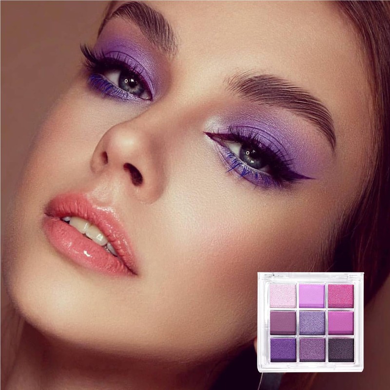 Purple Eyeshadow Palette, 9 Colours Matte Glitter Purple Eyeshadow, Long