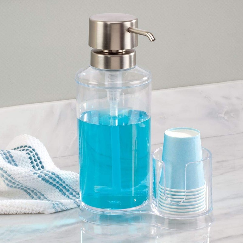 iDesign Mouthwash Dispenser Pump with Attached Paper Cup Holder Caddy,