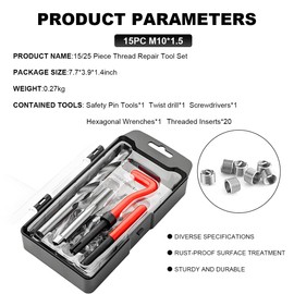 KVAEY 15 PCS Thread Repair Kit, M10×1.5 Metric Thread Repair Tool Set for Automotive Repair, Thread Repair Insert Kit with Hexagon Wrench and Drill, Universal Car Accessories