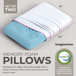 Imaginarium 2 Pk Cooling Bed Pillows for Sleeping, 2 Memory Foam Cooling Pillows for Back, Stomach Sleeper, Gel Side Sleeper Pillow, Cold Pillows That Stay Cold, Removable Zipper Cove - White/Pink