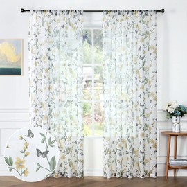 Tollpiz Sheer Floral Curtain Yellow Flower Butterfly Printed Bedroom Curtains Rod Pocket Voile Faux Linen Short Window Curtain for Living Room, 54 x 54 inches Long, Set of 2 Panels