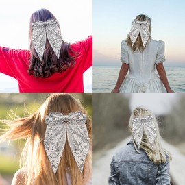 Glitter Hair Bows for Girls Big Bow Hair Clip Large French Ribbon Bowknot Hair Barrettes for Women Party Silver Metal Clips Oversized Long Tail Hair Bow Clips Sparkly Hair Accessories for Thick Hair