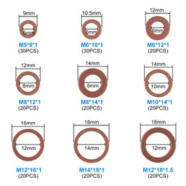 DIANN 200pcs Flat Copper Washer Assortment Set 9 Sizes M5-M14 O Ring Copper Gaskets Set Flat Ring Seal Kit