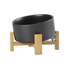 SPUNKYJUNKY 15° Slanted Ceramic Dog and Cat Bowl with Wooden Stand, Tilted Bulldog Food and Water Bowl No Slip Non-Spill for Cats Medium Dogs Big Face Pets 28.7 OZ (3.6 Cups, Black)