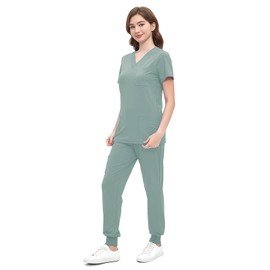 ROMASA Scrubs Set for Women,Soft and Stretchy Nurse Uniform V-Neck Top and Jogger Pants with Multi Pocket Nurse Workwear (Light Green, Small)