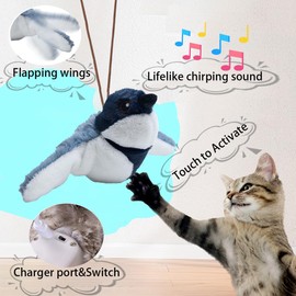 Ataica Flapping Chirping Bird Cat Toy(Non-Flying), USB Charging,Touch Activated Plush Toy,Simulates Bird Wing Flapping and Sounds, for Cats,Dogs & Small Pets (Large, Blue-Bird)