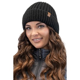VIVISENCE Winter hat for women in classic style, perfect fit thanks to knitted cuffs, made of warm ribbed yarn, ideal for cold winter days, cold winter days, black