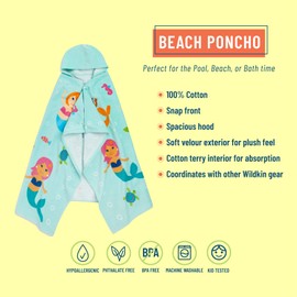 Wildkin Kids Hooded Beach Towel for Boys and Girls, 100% Cotton Hooded Bath Towel with Snap Front, Perfect for Beach, Pool, and Bath Time Towel for Kids (Mermaids)