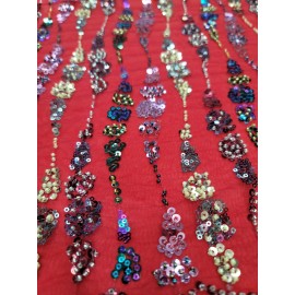 Divastyletextiles Fabric Sold By The Yard Red Beaded Lace Sequin Floral Embroidery Mesh For Dress