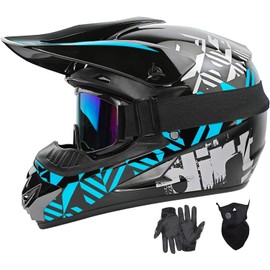 Youth Dirt Bike Helmets Fashion Motocross Helmet Adult ATV Off-Road Helmets Moutain Bike Motorcycle Helmets DOT Approved (Goggles Gloves Faceshield) (Blue, Large)