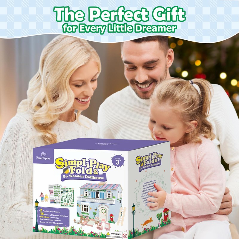 SIMPLIPLAY Wooden Dollhouse, DIY Portable Pretend Play Doll House Set