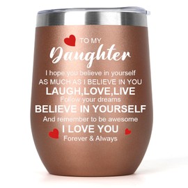 cufieovh Daughter Birthday Gifts Wine Tumbler with Lid 12oz Easter Gifts for Daughter Bonus Daughter Gifts from Mom Gifts for Daughter Inspirational Gifts Cheer Gifts Insulated Tumbler Rose Gold