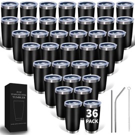 HAOLI 36 Packs, 20oz Stainless Steel Tumblers Bulk with Lid & Straw, Leakproof Double Wall Travel Mug for Hot/Cold Drinks, Home Office Outdoor Party Use, Durable Powder Coated Insulated Cup/Black