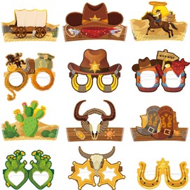 delaimastor 12Pcs Western Party Decoration Favors West Cowboy Paper Glasses Paper Crown Headbands Wild West Hats Photo Booth Props Western Theme Eyeglasses Birthday Party Supplies