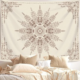 Floral Bohemian Tapestry, Flower Aesthetic Tapestry Indian Wall Hanging Boho Tapestries Mandala Room Decor Tapestry for Bedroom Living Room Dorm(H53 x W60 inches, Beige)