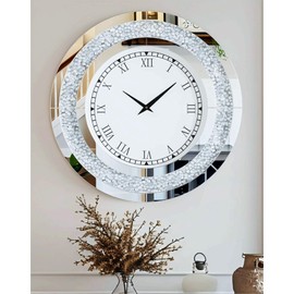 Artloge Crushed Diamond Wall Clock: 24 inch Round Decorative Mirrored Clock with Silver Glass Beveled Mirror Edge Frame and Bling Diamonds, Art Deco Home Modern Decoration for Livingroom