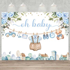 Sensfun Cute Clothes Baby Shower Backdrop for Boys Oh Baby Newborn Blue Floral Eucalyptus Leaves Adventure Baby Shower Party Decorations Banner Supplies Photo Booth Studio Props 7x5ft