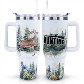 PERRIFIC Hunting Tumbler 40 oz Tumbler with Handle and Straw Lid Leak Proof | Deer Hunting Gifts for Men Hunters Father's Day Birthday Gifts for Men Dad Husband | Stainless Steel Cup Dishwasher Safe