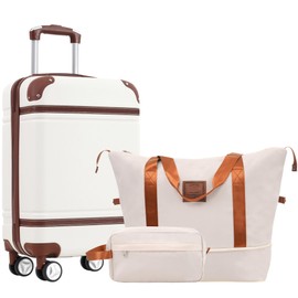 Merax Luggage Set 20-Inch Hardshell Carry-On Suitcase with TSA Lock Double Spinner Wheels Travel Duffel Bag with Trolley Sleeve Toiletry Bag Lightweight Travel Set (White, 3PC(1 Suitcase&2 Bags))