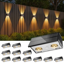 Bridika Solar Fence Lights, 12 Pack Up and Down Solar Lights Outdoor Waterproof, 8 Colors Lens LED Dusk to Dawn Wall Lights for Fence, Patio, Deck, Backyard, Garden