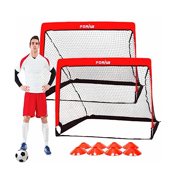 Poray Portable Soccer Goal Net for Kids & Adults with LED Light Strip,Set of 2,Pop Up 4FT Soccer Goal with 8 Field Marker Cones & Extra Stakes,Birthday Gift & Fun for Backyard and Soccer Training