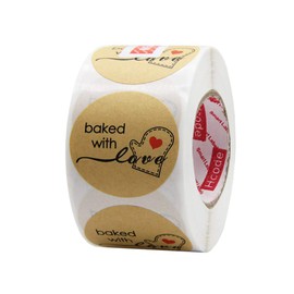 Hcode 500 Natural Kraft Paper Round Baked with Love Stickers with Red Heart in Baking Gloves 1.5 Inch Adhesive Label (1 roll, Kraft Baked with Love)