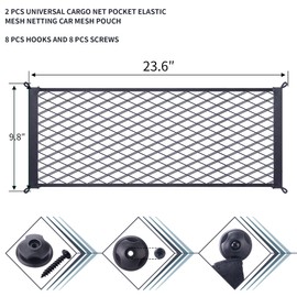 MWMNUN 2 Pcs Universal Stretch Mesh Car Mesh Bag with Screws and Hooks for Trunk RV Boats Home Cargo Storage (23.6'' x 9.8'')